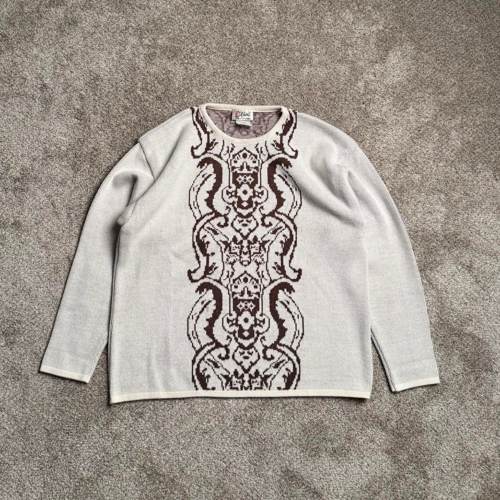 VINTAGE D'ALLAIRD'S CREAM VERTICAL JACQUARD KNIT SWEATER